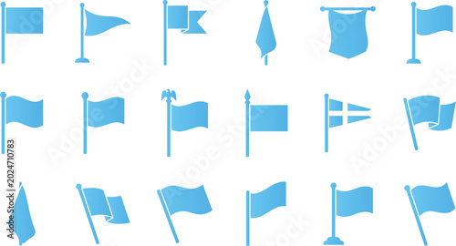 Set of flag icons depicting various styles and shapes of national or symbolic banners.