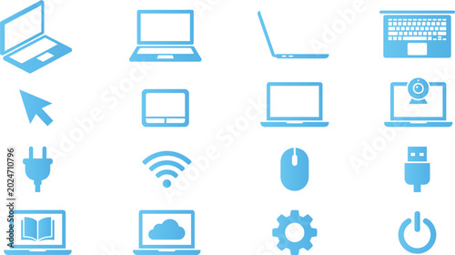 Collection of blue laptop and computer icons isolated on white background.