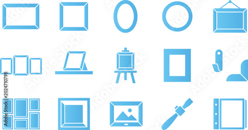Set of blue picture frames and art display elements on white background.