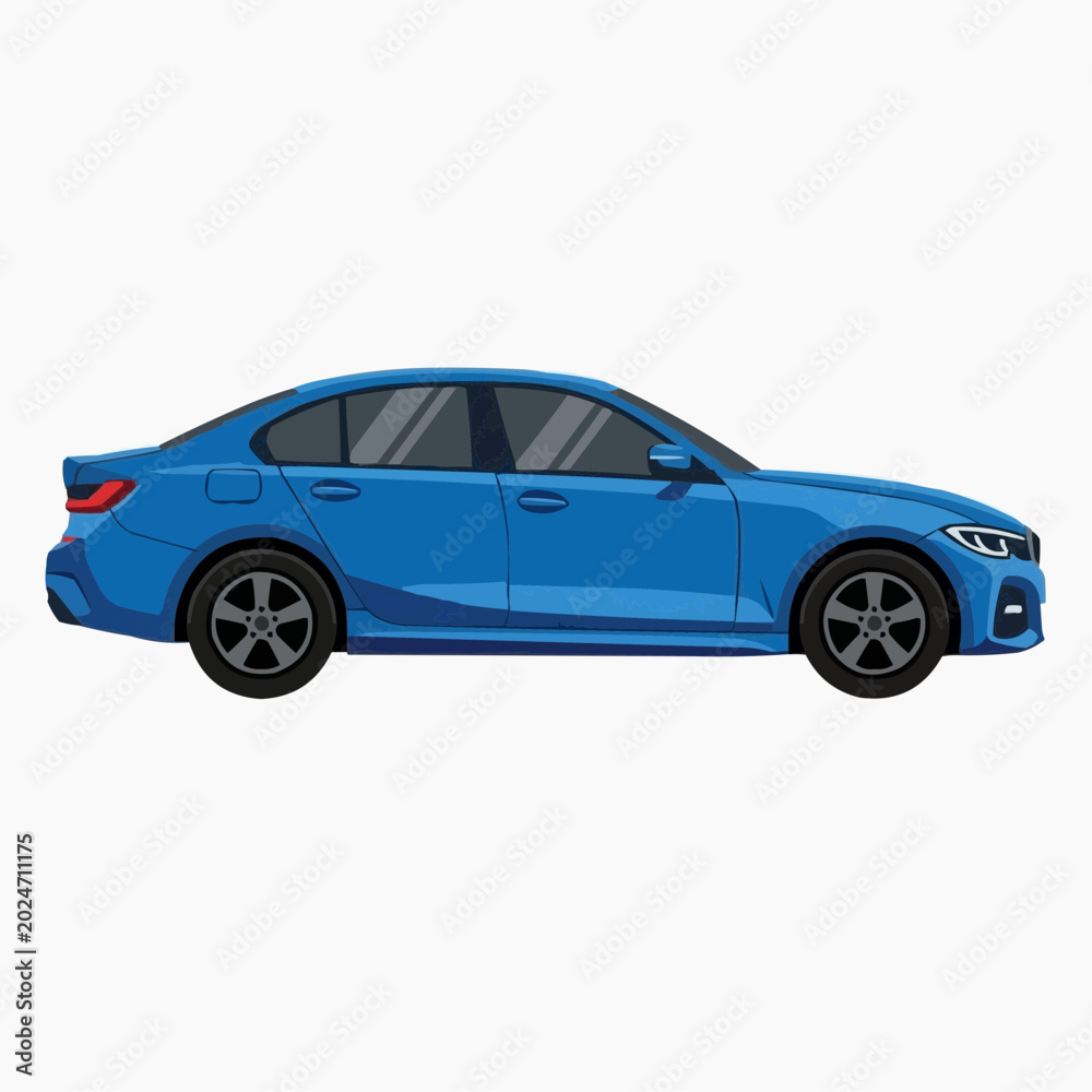Obraz premium Blue Sedan Car Side View Illustration Isolated on White Background