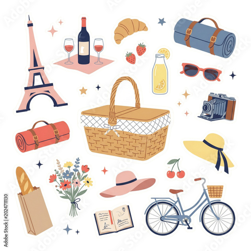 Paris Summer Picnic Sticker Pack Vector Set with European Vacation Icons