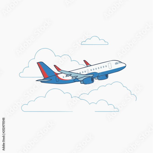 Blue and red airplane flying through clouds with white background