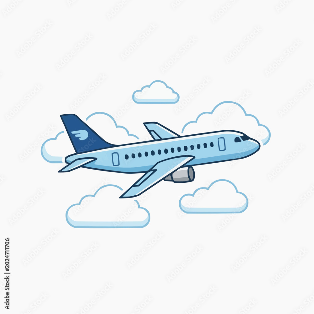 Fototapeta premium Cartoon airplane flying through clouds with blue accents and white background