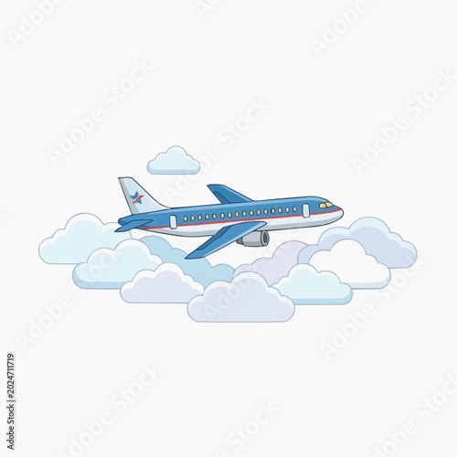 Blue airplane flying through fluffy white clouds in the sky