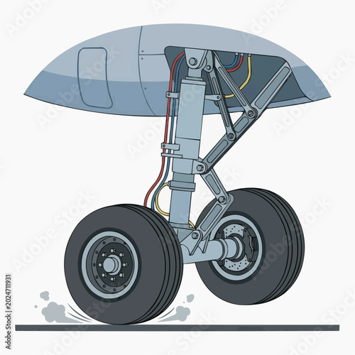Airplane landing gear with wheels on runway showing dust and debris