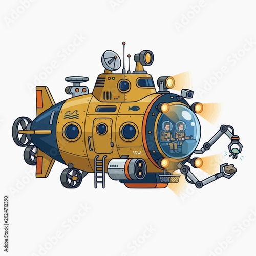 Yellow submarine with two astronauts exploring the ocean depths with robotic arms