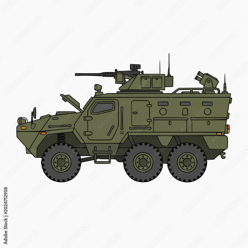 Fototapeta premium Armored military vehicle with machine gun and missile launcher on white background