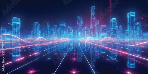 An abstract digital blue background with binary code illustrates a glowing wave of technology and data energy