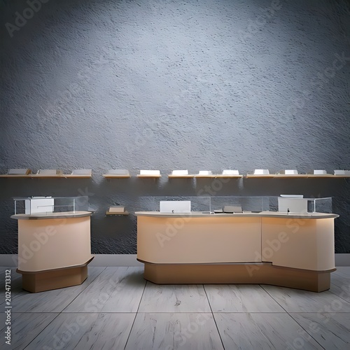 Empty jewelry store display cases under lighting