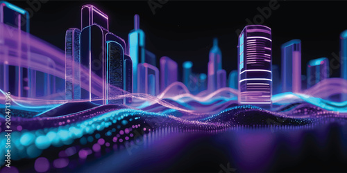 Fényképezés A vibrant 3d vector illustration showcasing a modern blue cityscape at night, fe