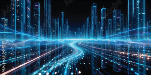 An abstract futuristic binary code background featuring a blue digital network pattern over a dark night city skyline, representing a modern technology and business data concept