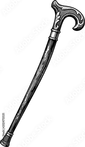 Classic wood grain walking cane with curved handle engraved style
