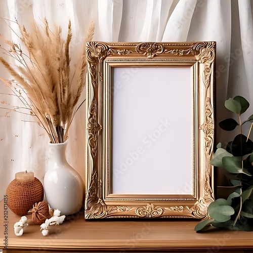 Empty ornate gilded frame with dried plants