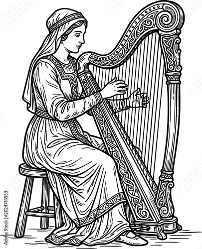 Elegant lady in medieval attire playing a tall harp while seated