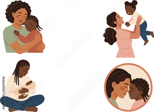 Black Mother and Child Vector Set Featuring African American Women Embracing Toddlers Lifting Toddlers Newborn Care And Gentle Family Portraits