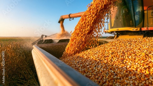 Corn Harvest Loading Into Trailer During Sunset On Farm
