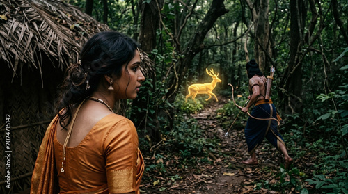 Enchanting scene depicting hunter in forest with glowing deer and woman in traditional attire. Hunter armed with bow and arrow, exploring lush surroundings while deer glimmers softly.