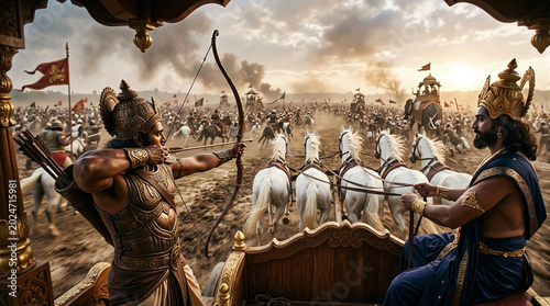 Epic battle scene with archers and warriors engaged in fierce combat on battlefield. Ancient warriors exhibit intense determination, while chariots race through clouds of dust.