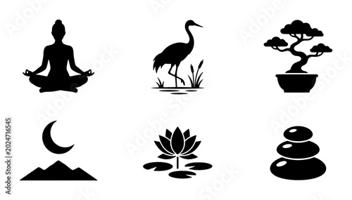 Canvas Print Zen Icons Set: Meditation, Crane, Bonsai Tree, Moon, Lotus Flower, Stacked Stone