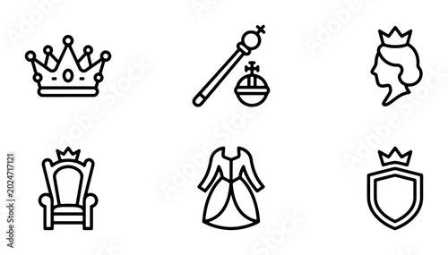 Fotografia Royal Icons Set: Crown, Scepter, Queen Profile, Throne, Gown, Shield Vector Grap