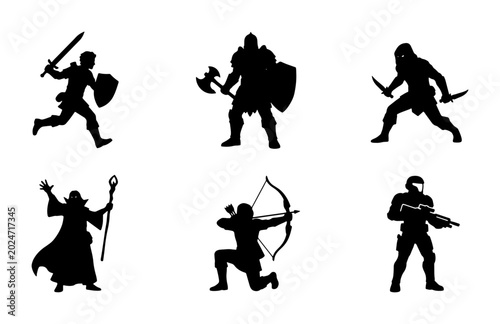 Foto Silhouette Warrior Icons Set, Fantasy Medieval Knight, Archer, Mage, Sci-Fi Sold