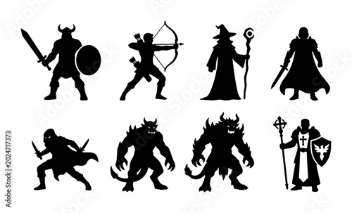 Bild auf Leinwand Fantasy Character Silhouettes: Warrior, Archer, Mage, Knight, Rogue, Monsters, S