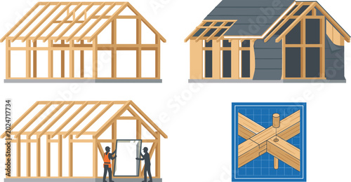 Принти на полотні House Construction Vector Set Featuring Timber Frame Structure Roof Installation