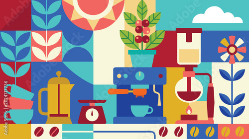 Photos Retro Coffee Mosaic Illustration with Vintage Espresso Machine, Syphon Brewer, K