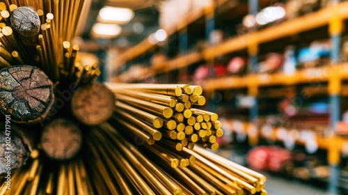 Industrial Brass Metal Rods and Bars in Warehouse Storage