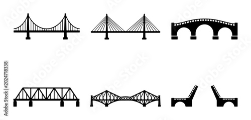 Canvastavla Diverse Bridge Silhouettes Collection: Suspension, Cable-Stayed, Arch, Truss, an