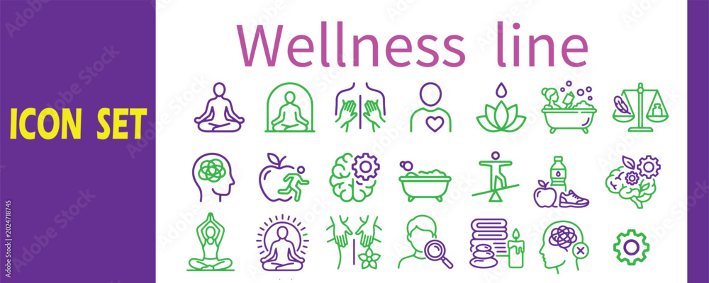 Fototapeta premium Wellness and self-care icons set with meditation and health symbols icon set mental health human body wellness meditation mindfulness relaxation nutrition serenity wellbeing lifestyle