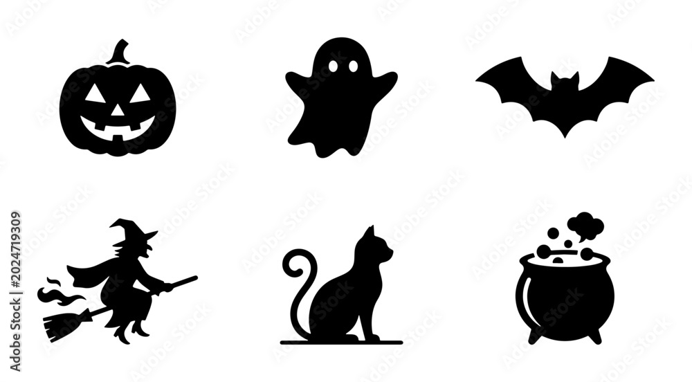Obraz premium Halloween Icons Set: Spooky Pumpkin, Ghost, Bat, Witch, Black Cat, Cauldron Vector Graphics for Festive Design