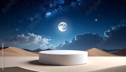 Empty stage in desert under moonlit sky