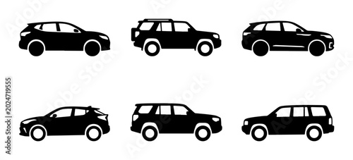 Tableau sur toile SUV and Crossover Vehicle Icons Set, Black Silhouette Cars Collection for Automo