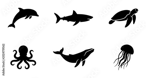 Schilderij op canvas Oceanic Wildlife Silhouettes Collection: Dolphin, Shark, Turtle, Octopus, Whale,