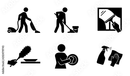 Foto Household Cleaning Icons Set, Vector Graphics for Home Maintenance and Hygiene T