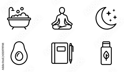 Fotografie Wellness Icons: Self-care, Meditation, Sleep, Nutrition, Journaling, and Health