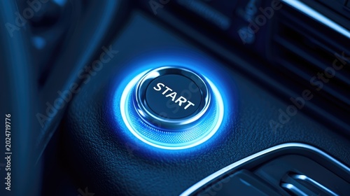Close Up of Illuminated Engine Start Button in Modern Vehicle Interior