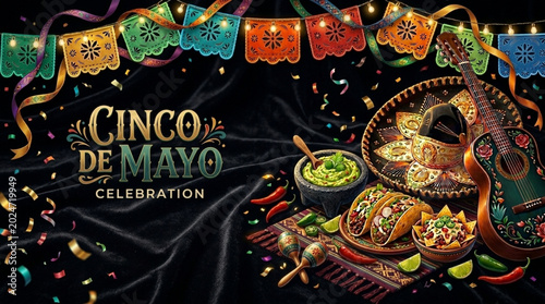 Vibrant cinco de mayo celebration with traditional mexican food and decorations on black background