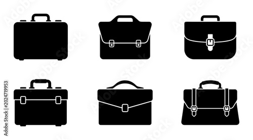 Fotografía Six Black Briefcase Icons, Business Travel Luggage Vector Set, Professional Docu