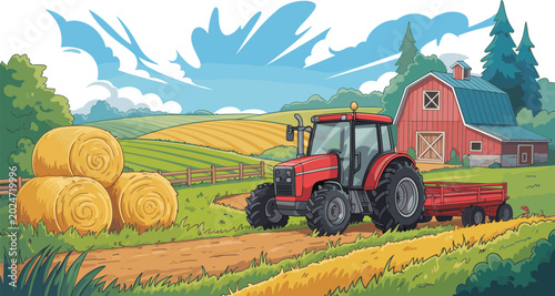 Foto Rural farm landscape vector cartoon illustration with red tractor hay bales and