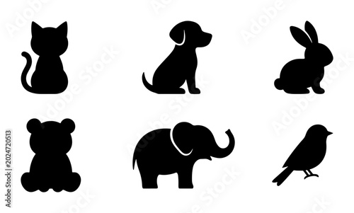 Canvas Print Adorable Animal Silhouettes: Cat, Dog, Rabbit, Bear, Elephant, Bird Icons for Pe