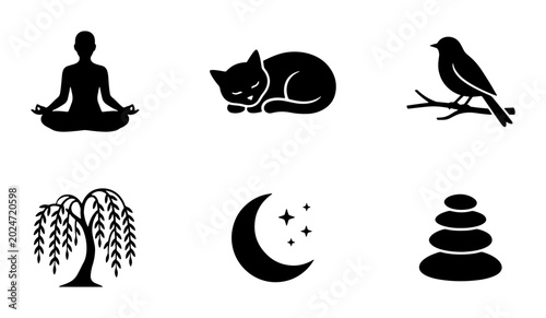 Canvas Print Zen Icons Set: Meditation, Sleeping Cat, Bird, Willow Tree, Moon, Stacked Stones