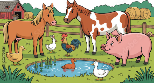 Φωτογραφία Countryside farm animals vector cartoon illustration with horse cow duck pig and