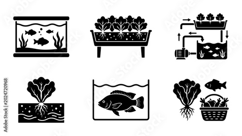 Bild auf Leinwand Aquaponics System Icons, Hydroponic Farming Graphics, Sustainable Agriculture Ve