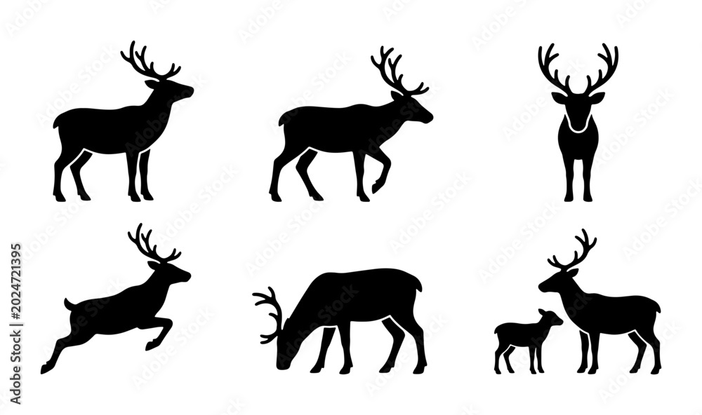 Fototapeta premium Deer Silhouettes Collection, Majestic Antlered Animals, Wildlife Vector Icons, Forest Creatures Set