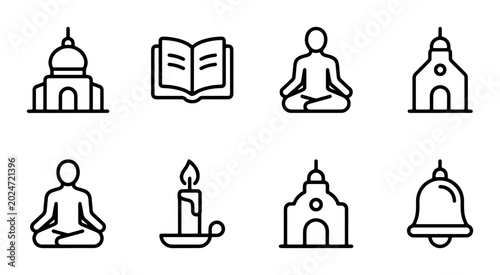 Photography Religion and Spirituality Icons Set: Faith, Meditation, Worship, and Belief Symbols