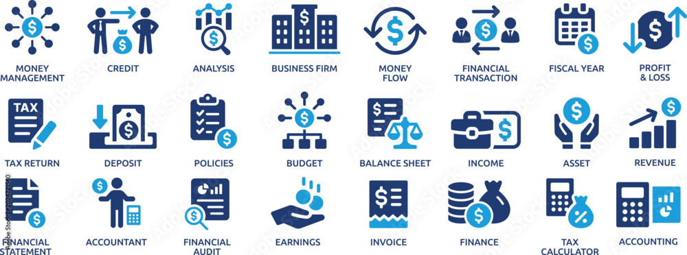 Naklejka premium Finance and Accounting Blue Business Icons Set for Budget Revenue Tax and Financial Management