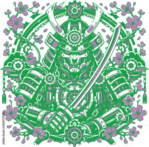 Cyber Samurai Cherry Blooms illustration