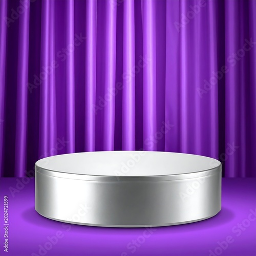 Empty stage with metallic podium and purple curtains